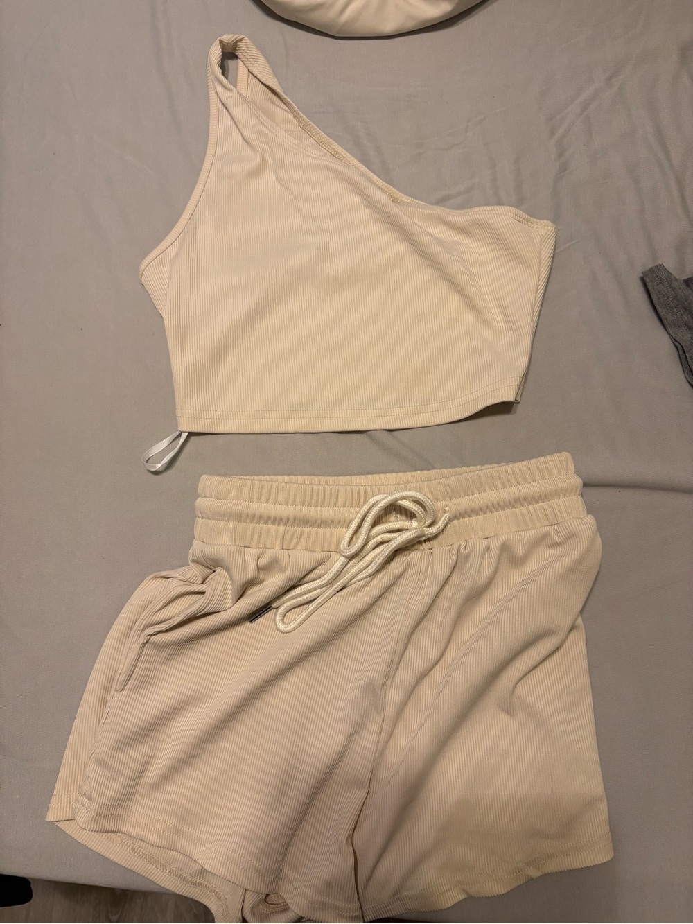 Amazon Cream One-Shoulder Ribbed Crop Top and Drawstring Shorts Set